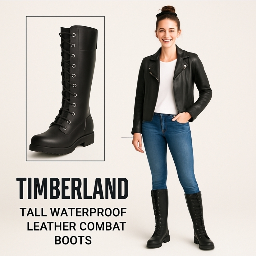⭐ Timberland Tall Black Lace-Up Combat Boots – Goth Moto Waterproof 9M & 7M Jr - Picture 12 of 16